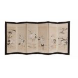 A six-panel byobu-screen with six monochrome paintings of crane birds