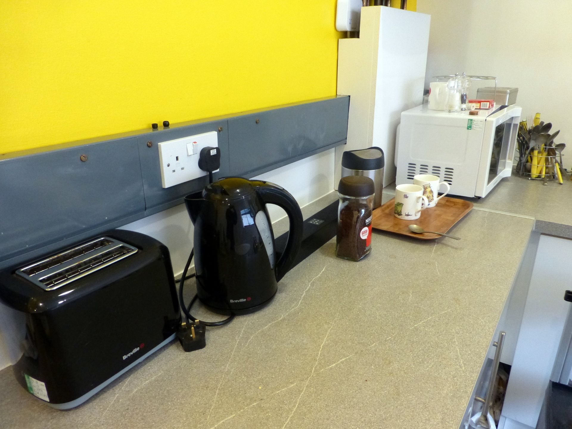 LEC Fridge, Breville Kettle with Matching Toaster, Daewoo Microwave Oven, Crockery & Cutlery (