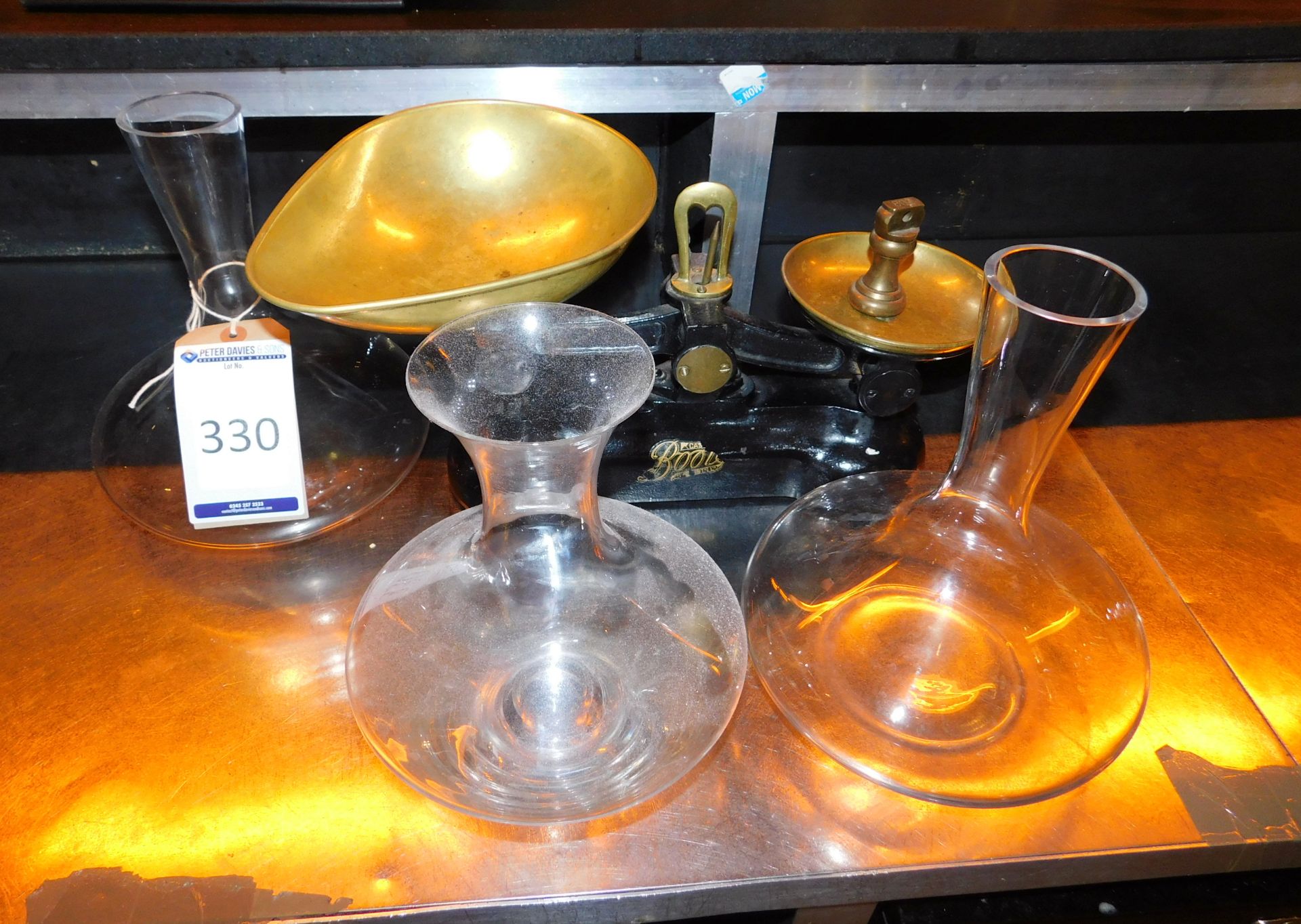 Late Victorian Cast Metal Pan Scales & 3 Wine Carafes (Located at 155 Farringdon Road, London,