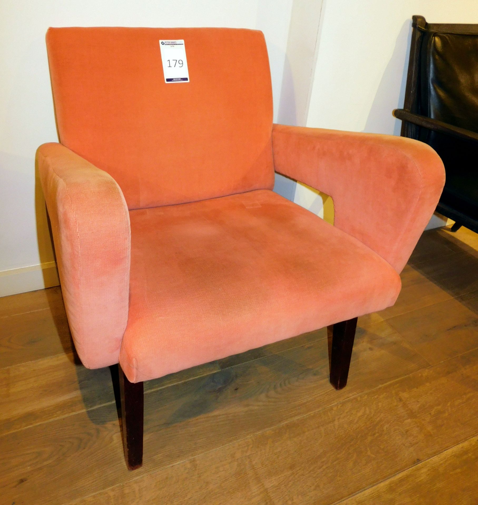 Wooden Framed Armchair, Peach Colour Upholstery (Located at 155 Farringdon Road, London, EC1R 3AF)