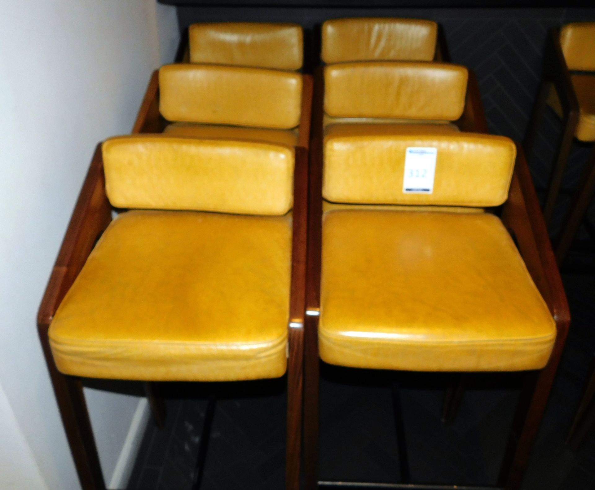 Set of 6 Rosewood Effect Framed Bar Stools on Chamfered Supports & Metal Stretcher Rails (Located at