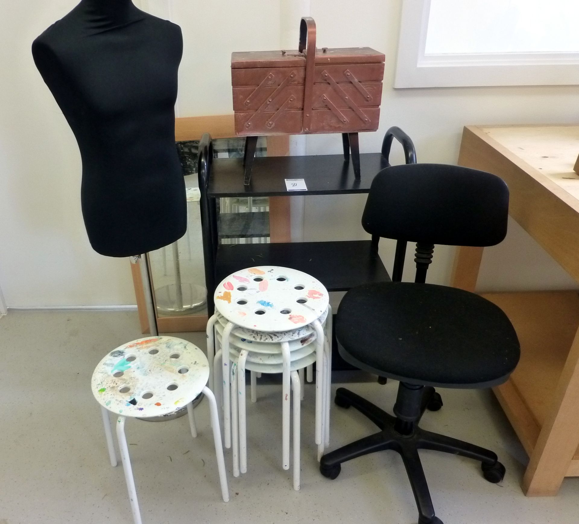 6 Artist Palate Stools, Mannequin on Stand, 3-Tier Rack, Framed Mirror, Cantilever Storage Box &