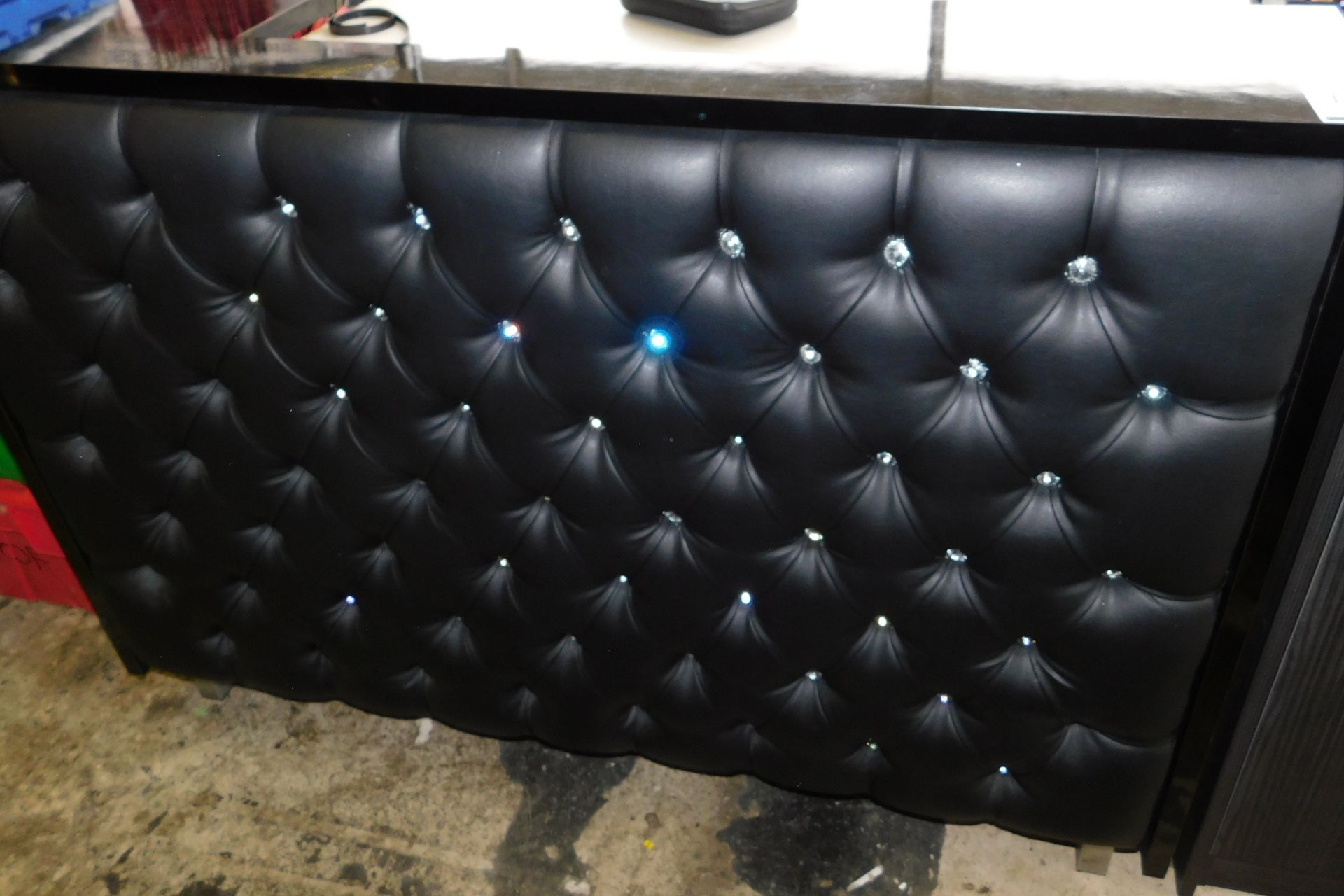 Black Reception Counter with Leather Effect Padded Front, 1500mm x 1100mm x 600mm (Located The