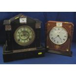 Late Victorian black slate and marble two train architectural mantel clock,