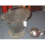 Copper coal bucket together with a silver plated, baluster teapot.