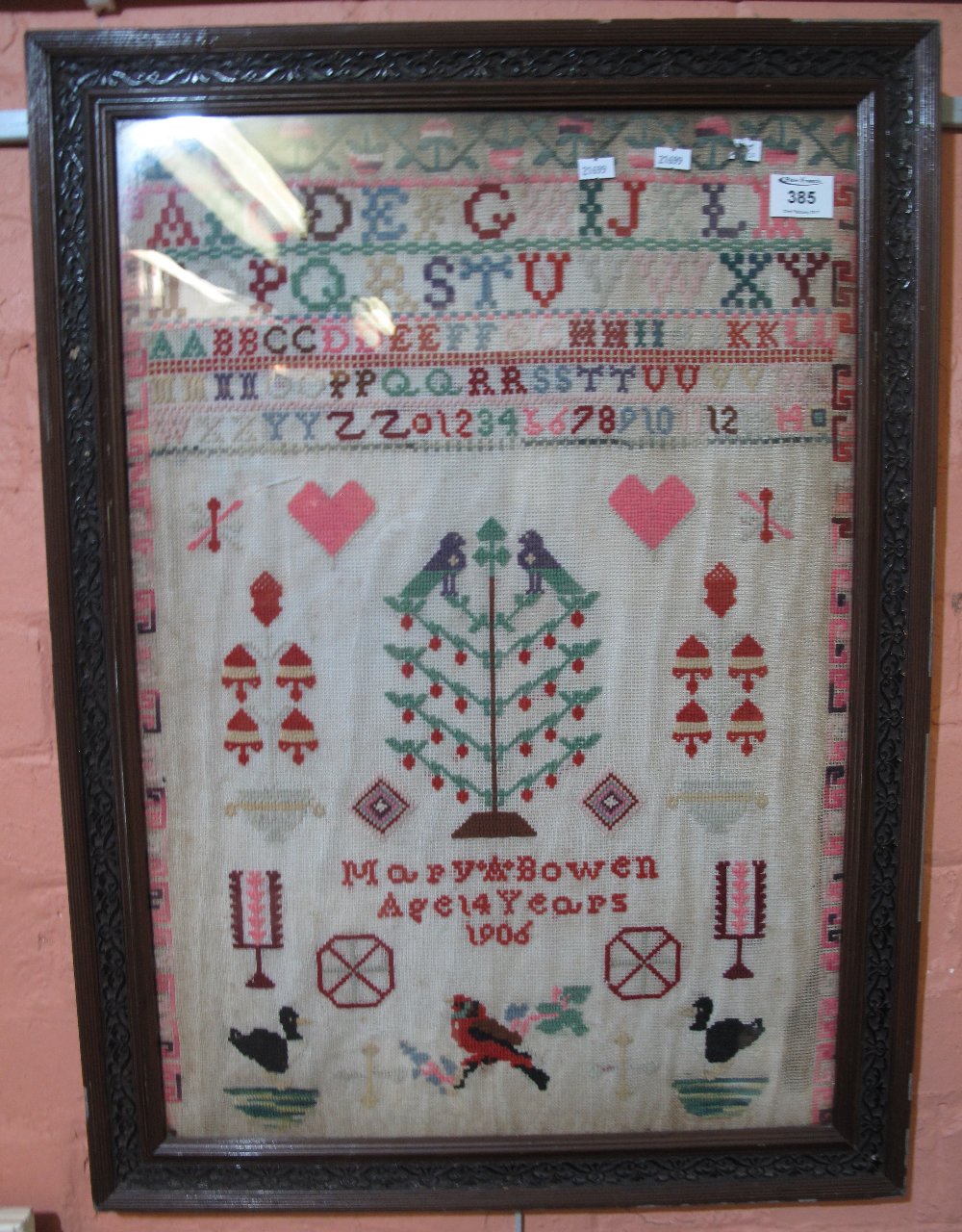 Early 20th Century framed Welsh needlepoint sampler by Mary A. Bowen, aged 14 years, dated: 1906.