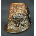 CHINESE CARVED PONY HOOF, designed and carved inverted, as a libation cup,