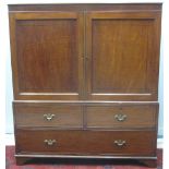 19TH CENTURY MAHOGANY LOW TWO STAGE PRESS CUPBOARD, having a pair of strung, inlaid,
