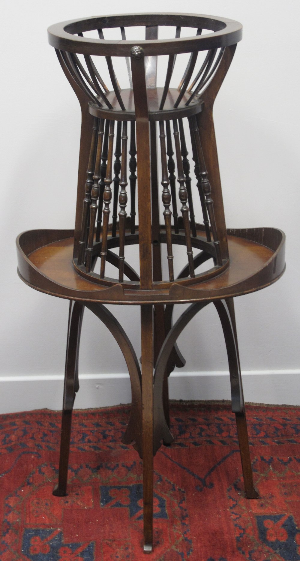 UNUSUAL EDWARDIAN MAHOGANY JARDINIERE STAND, with baluster turned spindles,