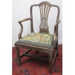 18TH CENTURY MAHOGANY ELBOW CHAIR, having moulded arched back with lyre splat, open, shaped arms,