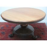 VICTORIAN MAHOGANY CIRCULAR TIP TOP CENTRE TABLE, the top with moulded edge, on a baluster shaped,