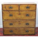 19TH CENTURY MAHOGANY TWO SECTION CAMPAIGN CHEST, straight fronted with brass angles and mounts,