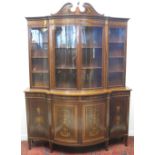 EDWARDIAN INLAID MAHOGANY BREAK FRONT CABINET, having moulded dentil cornice over serpentine,