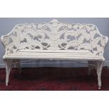 A COALBROOKDALE DESIGN CAST IRON FERN LEAF PATTERN GARDEN SEAT OR BENCH with slatted wooden seat