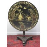 19TH CENTURY LACQUERED CHINOISERIE DECORATED CIRCULAR, TIP TOP, PEDESTAL TABLE,