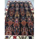 UNUSUAL PERSIAN, TRIBAL RUG, decorated with stylised vase designs on a blue ground. 215 x 120cm.