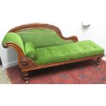 LATE VICTORIAN MAHOGANY SHOW FRAME CHAISE LOUNGE, having arched foliated moulded back,