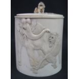 JAPANESE CARVED IVORY BOX overall decorated with a carved lion to the lid,