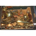 Tray of assorted brassware to include: modern miner's lamp; pair of candlesticks; wall plaques;