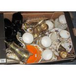 Tray of assorted china and metalware to include: Sutherland and other floral teaware;