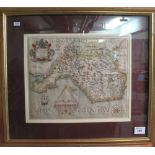 Christopher Saxton, original sparsely coloured 'Map of Glamorgan'. Framed and glazed.