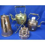 Assorted metalware to include: copper kettles, one on stand; copper jelly mould; conical jug etc.