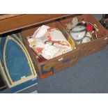 Six trays of assorted items to include: glassware; teaware; soft toys; table lamp;