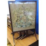 Mahogany framed tapestry fire screen with armorial: C. Lewis, Sep. 1881.