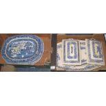 Two trays of blue and white items to include: oval meat dishes and floral tureens marked: 'Flame'.