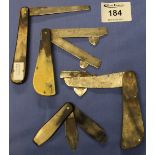 Group of four 19th Century fletching or blood letting knives with horn handles/scales.