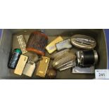 Box of assorted lighters to include: table lighters and pocket lighters: Ronson and half penny 1946