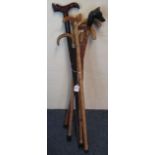 Group of assorted walking sticks, various, carved handles, horn handle etc.