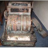 Large repousse brass hand cranked cash register, early 20th Century. Probably American.