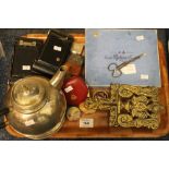 Tray of assorted collectables to include: plated teapot;