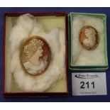 Two 9ct gold set cameo bar brooches in associated boxes.