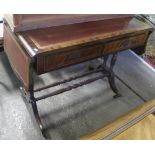 Reproduction mahogany sofa table with leather inset top.