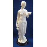 White composition figure of a Classical Grecian lady, on black circular platform base.