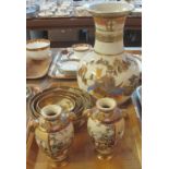 Tray of Japanese Satsuma pottery items to include: pair of baluster vases with elephant handles;