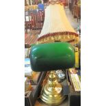 Brass and green glass reading lamp, together with a brass finish table lamp.