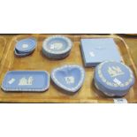 Tray of Wedgwood blue and white Jasper ware items comprising: trinket box and cover; pin dishes;
