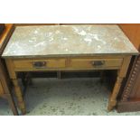 Edwardian pine marble top washstand. CONDITION REPORT: No back. Seems sound.