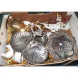 Tray of assorted china and metalware to include: Continental figurines; gold coloured tea service;
