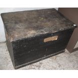 19th Century stained pine trunk with fitted candle box and metal carrying handles.