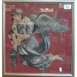 Victorian bead work and tapestry panel, angel with two sleeping cherubs. Framed and glazed.