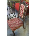 Late 19th Century mahogany upholstered side chair with carved and barley twist decoration.