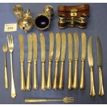 Bag of assorted predominantly silver items to include: butter knives; pickle forks; mustard pot;