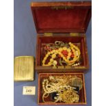 Dome topped jewellery box containing assorted costume and dress jewellery,