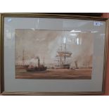 Dennis John Hanceri, busy harbour scene with square riggers and steam tugs, sepia watercolours,