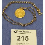 1895 Cinco Pesos coin on 9ct gold chain, 5g approx.