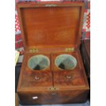 Mahogany square section tea caddy revealing two lidded tea canisters.